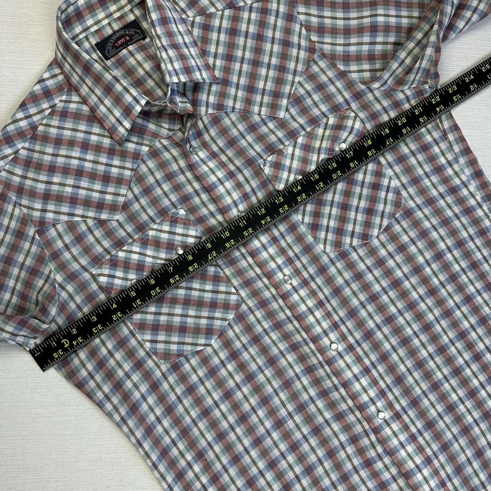 VTG 70s Levis Big E Pearl Snap Shirt Men L Plaid Western Sawtooth Pockets Rodeo - Picture 6 of 10